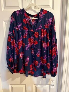 Navy Floral Peasant Blouse with Red & Pink Roses